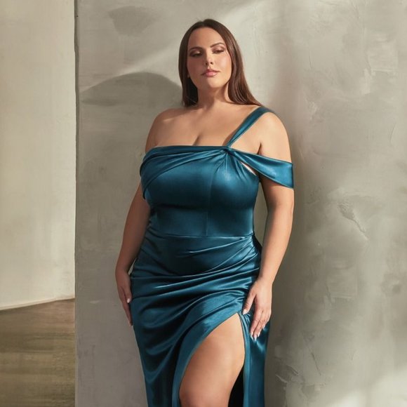 NEW LONG FORMAL SHEATH SATIN DRESS WITH ONE SHOULDER NECK AND LEG SLIT CD327C